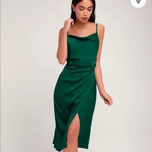Lulu’s Hollywood Woman Forest Green Satin Midi Dress, Size Medium